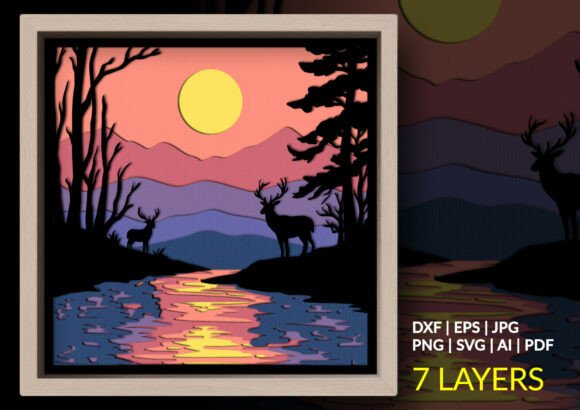 Lake Deer Sunset Shadow Box 3D SVG