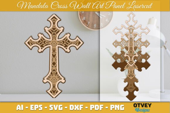 Mandala Cross Wall Art Panel: A 3D SVG Religious Asset
