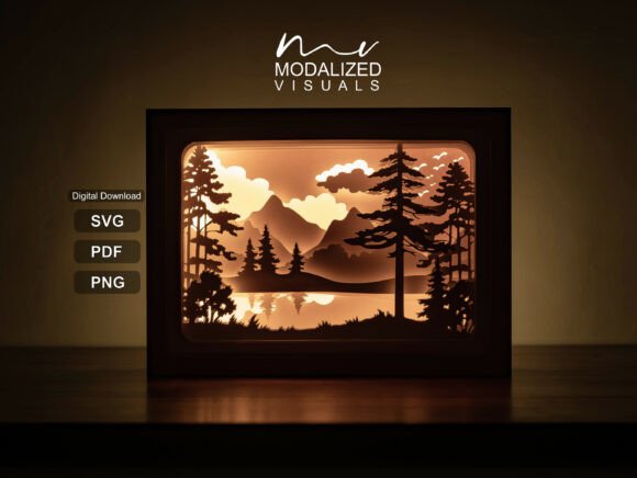 Mountain River Lightbox Paper Cut: 3D SVG for Shadow Boxes