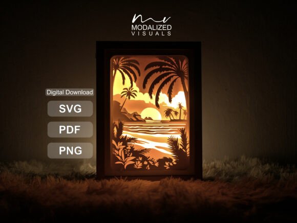 Seaside Landscape Paper Cut Lightbox: 3D SVG for Shadow Boxes