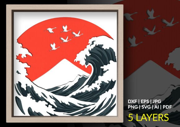 The Great Wave Cranes Shadow Box 3D SVG